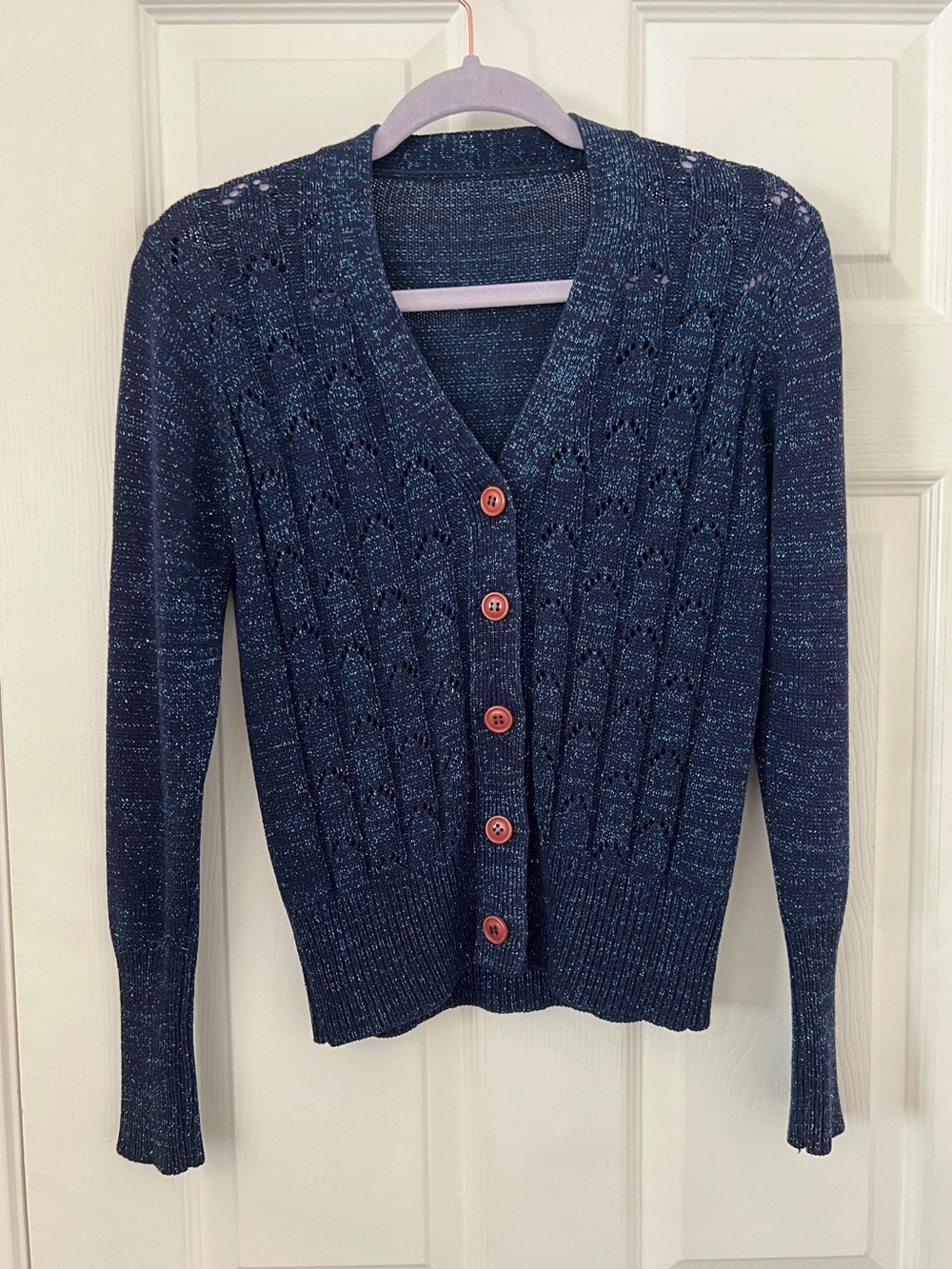Vintage Navy Blue Women's V-Neck Button Cardigan Sweater
